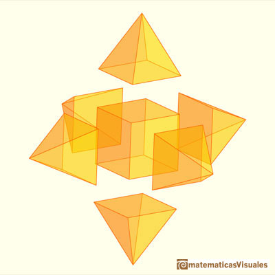 Cubo aumentado, cubo con pirámides y dodecaedro rómbico: podemos separar las pirámides | matematicasvisuales