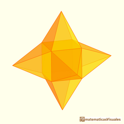 Cubo aumentado, cubo con pirámides y dodecaedro rómbico: transparencia, podemos ver el cubo en el interior | matematicasvisuales