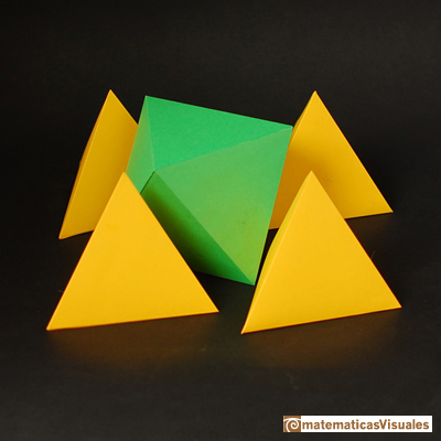 Octahedron: A tetrahedron of edge length 2 is made of one octahedron and four tetrahedra of edge length 1 | matematicasvisuales