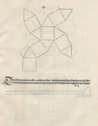 Construcción de poliedros con cartulina cara a cara pegadas, Volume of a Cuboctaedro, plane net of a cuboctahedron drawn by Durer | matematicasvisuales