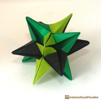 Volume of a cuboctahedron: Omega Star, modular origami model. Its vertices are the vertices of a cuboctahedron | matematicasvisuales