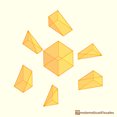 Volumen de un dodecaedro: piezas para calcular el volumen del dodecaedro. Hay un cubo, tres cuas y tres pirmides  | matematicasVisuales