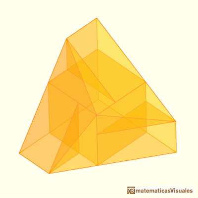 Volumen de un dodecaedro: piezas para calcular el volumen del dodecaedro. Hay un cubo, tres cuas y tres pirmides | matematicasVisuales
