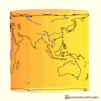 Sphere, the Earth. Perspective cylindrical projection. Axial equal-area projection | matematicasvisuales 
