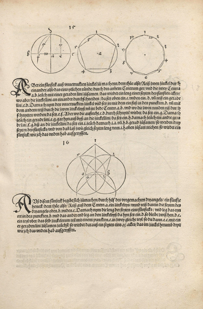 Dibujo aproximado de Durero de un pentgono:  El libro de Durero Underweysung der Messung en la pgina con el dibujo de dos pentgonos | matematicasVisuales
